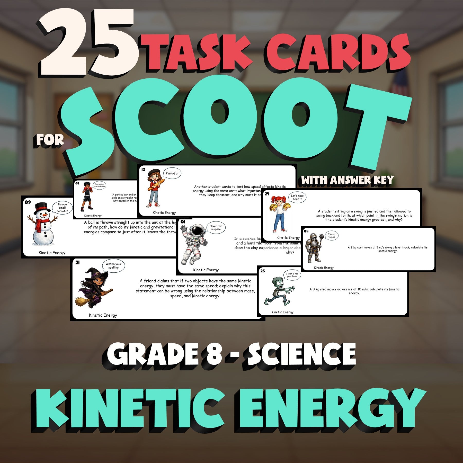 Kinetic Energy SCOOT TASK CARDS Science Game - No Prep Grade 8 Review Activity