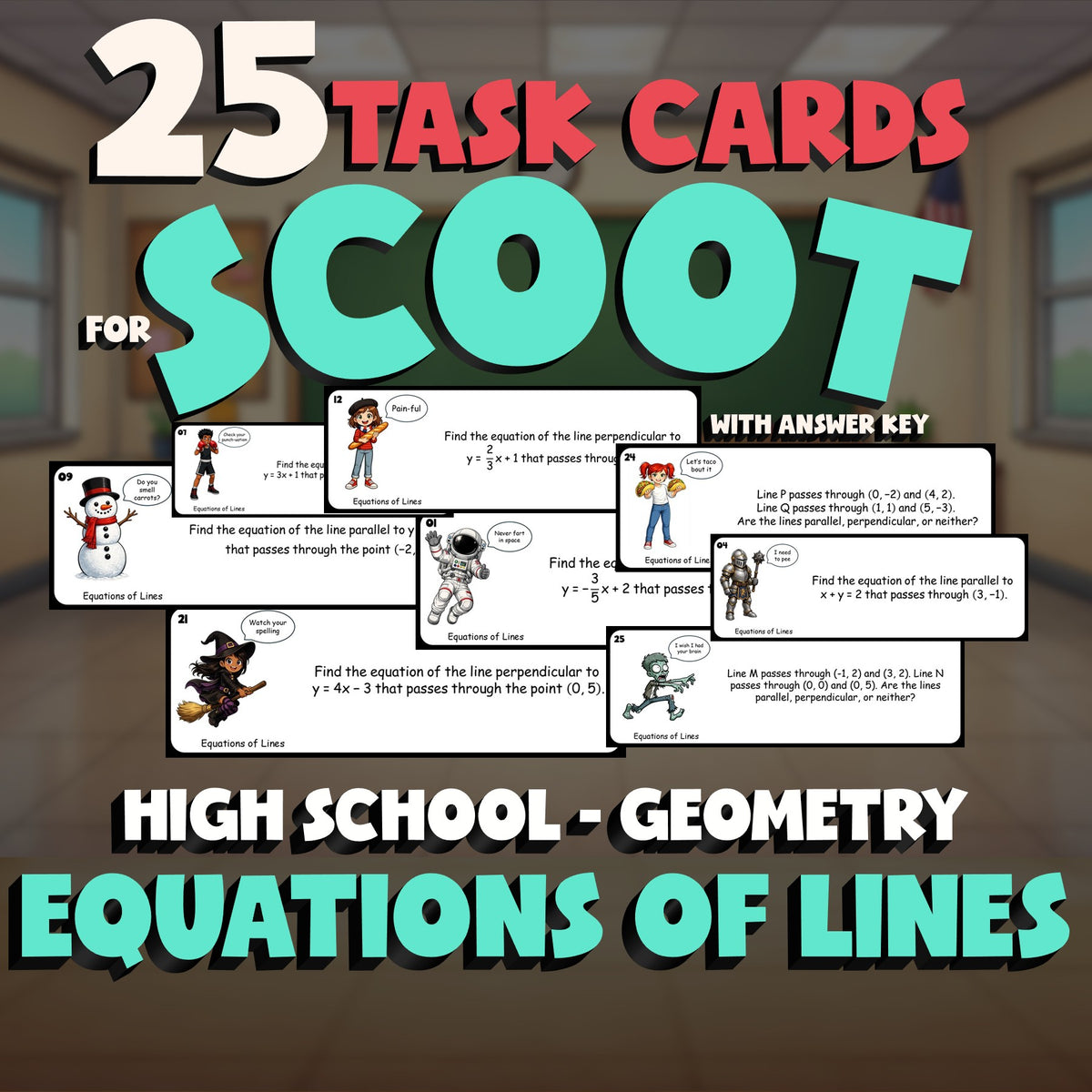 Equations of Lines SCOOT TASK CARDS Math Game - No Prep Geometry Review Activity