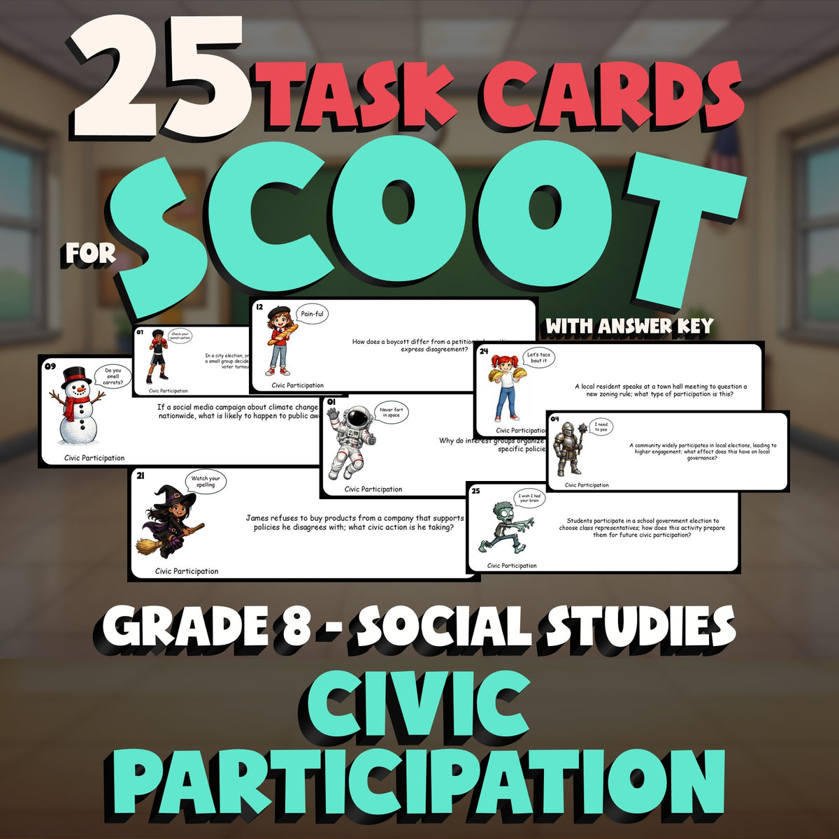 Civic Participation SCOOT TASK CARDS Socials Game - No Prep Grade 8 Review