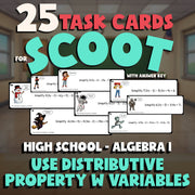 Use Distributive Property w Variables SCOOT TASK CARDS Math Game - Algebra 1