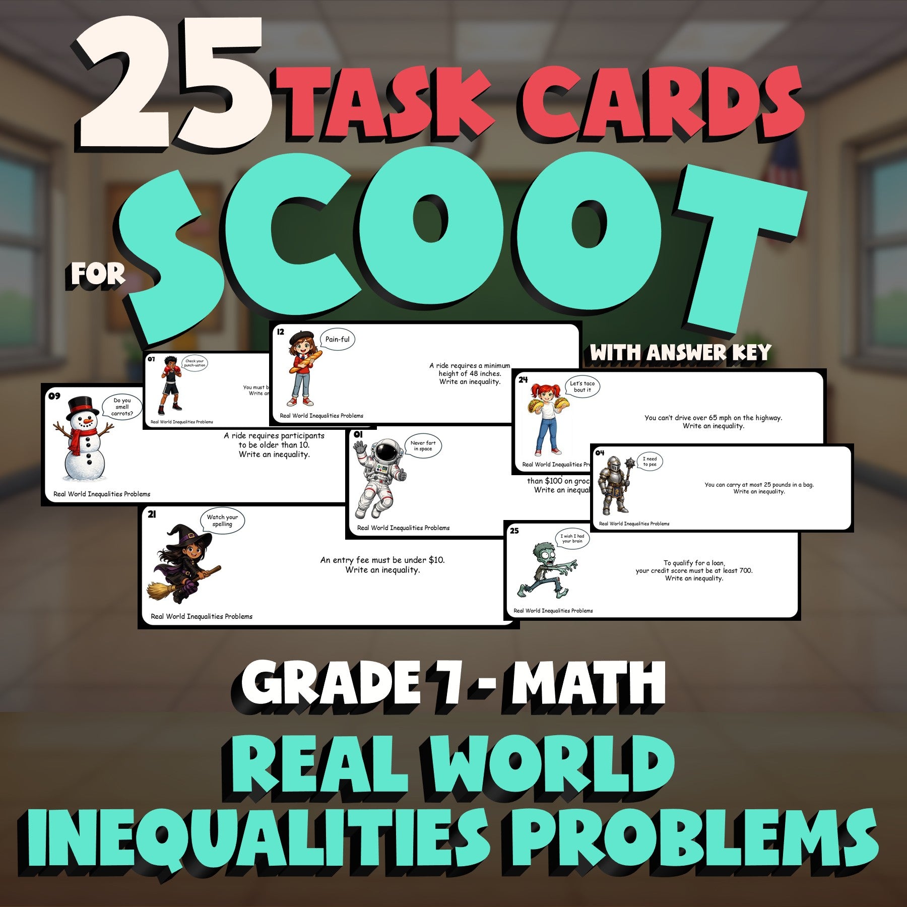 Real World Inequalities Problems SCOOT TASK CARDS Math Game - No Prep Grade 7