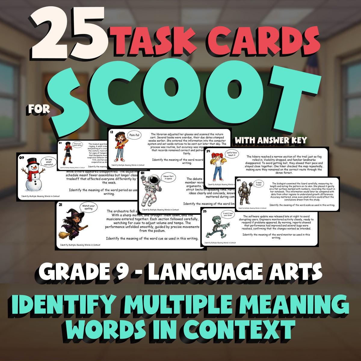 Identify Multiple Meaning Words in Context SCOOT TASK CARDS ELA Game - Grade 9