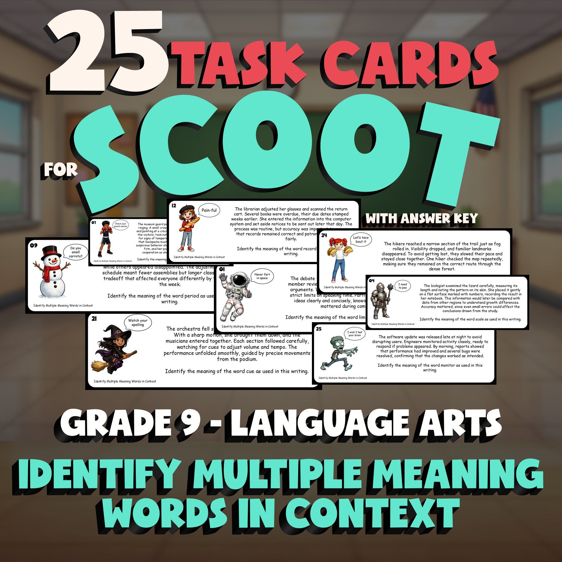 Identify Multiple Meaning Words in Context SCOOT TASK CARDS ELA Game - Grade 9