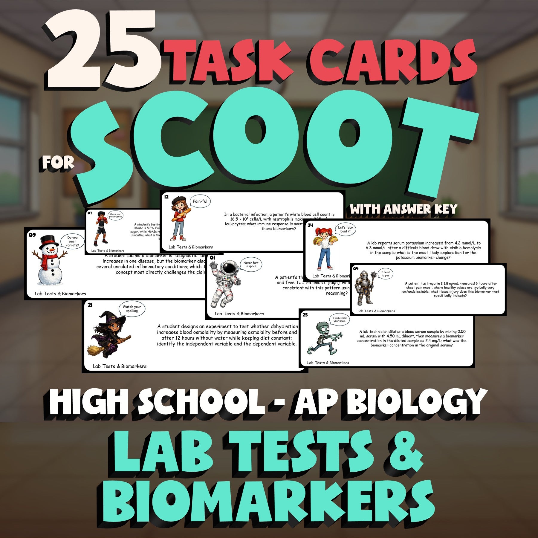 Lab Tests & Biomarkers SCOOT TASK CARDS Science Game - No Prep AP Biology Review