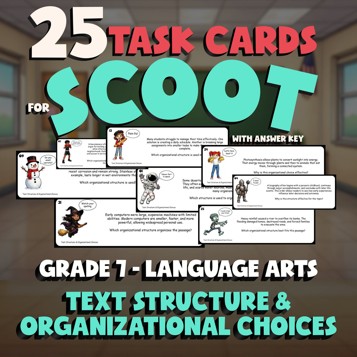 Text Structure & Organizational Choices SCOOT TASK CARDS ELA Game - Grade 7
