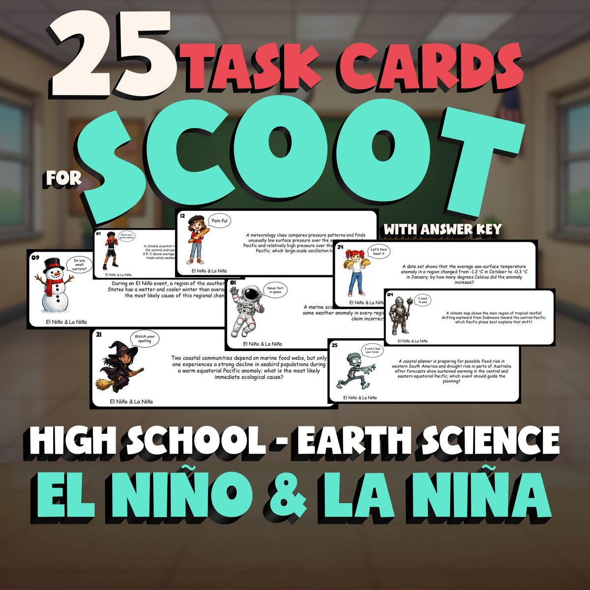 El Niño & La Niña SCOOT TASK CARDS Game - No Prep Earth Science Review Activity