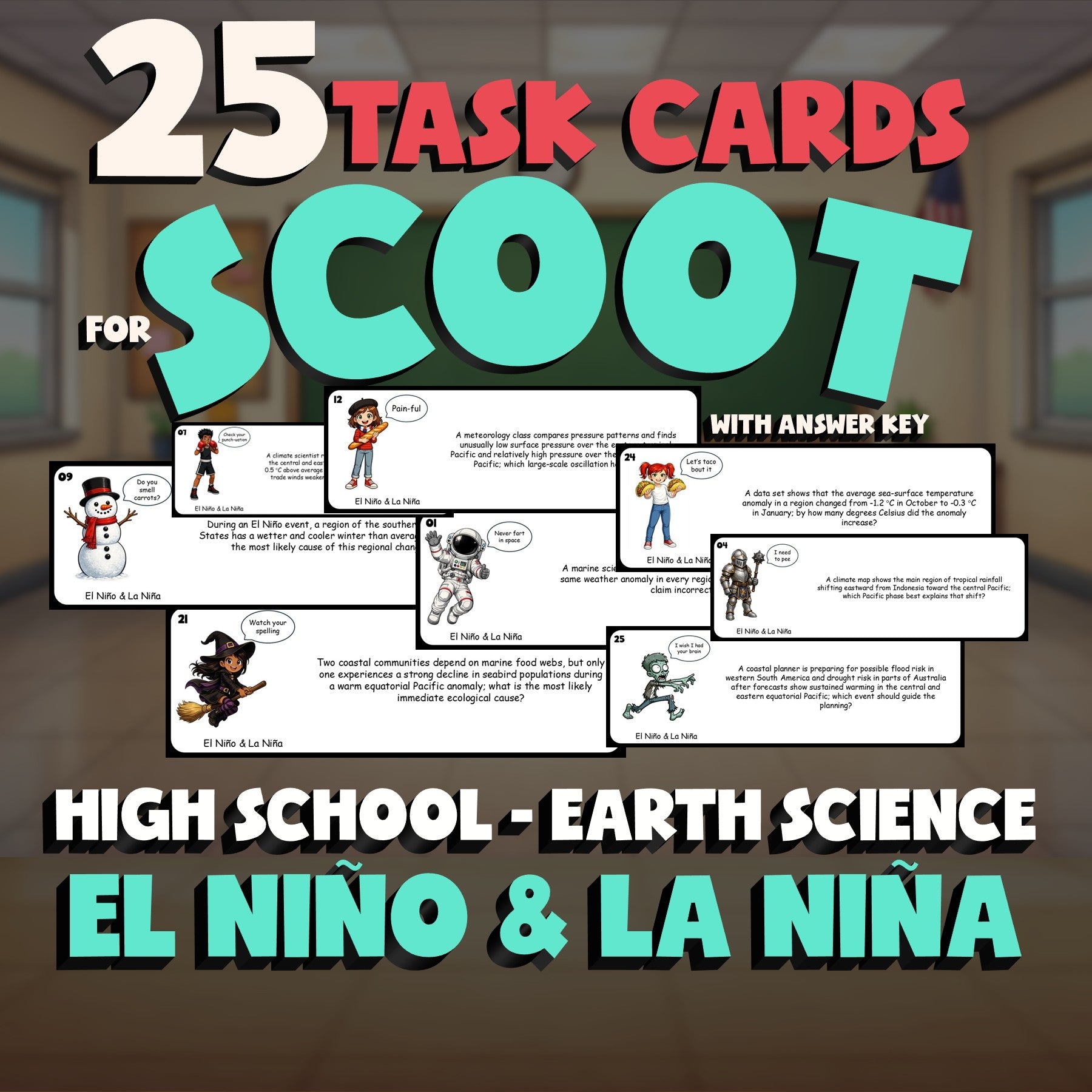 El Niño & La Niña SCOOT TASK CARDS Game - No Prep Earth Science Review Activity