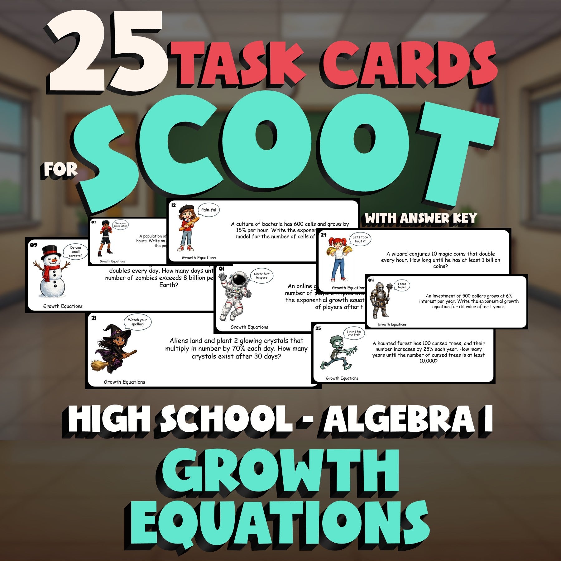 Growth Equations SCOOT TASK CARDS Math Game - No Prep Algebra 1 Review Activity