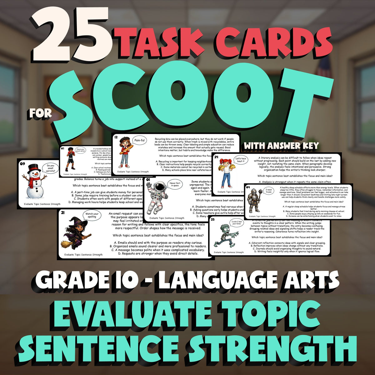 Evaluate Topic Sentence Strength SCOOT TASK CARDS ELA Game - No Prep Grade 10