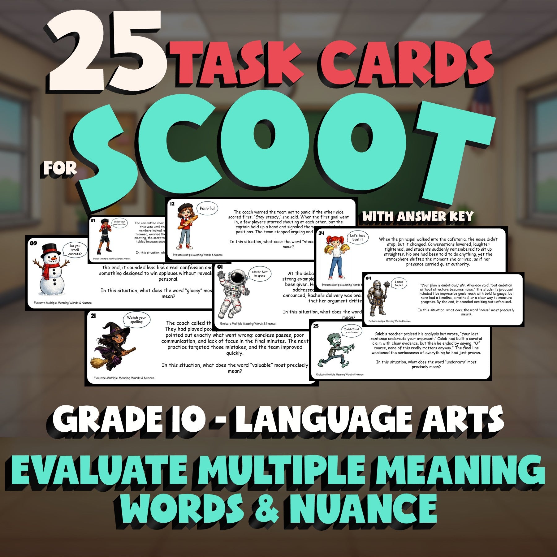 Evaluate Multiple Meaning Words & Nuance SCOOT TASK CARDS ELA Game - Grade 10