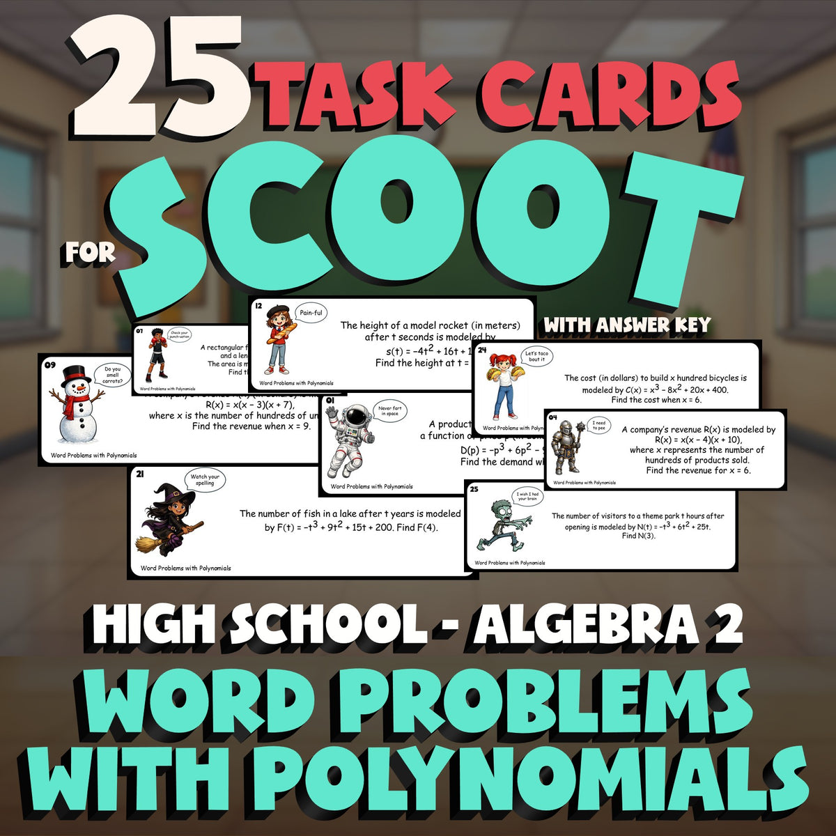 Word Problems with Polynomials SCOOT TASK CARDS Math Game - No Prep Algebra 2