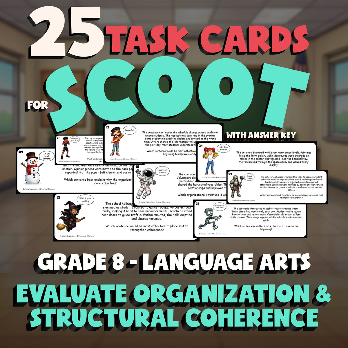 Evaluate Organization & Structural Coherence SCOOT TASK CARDS ELA Game - Grade 8