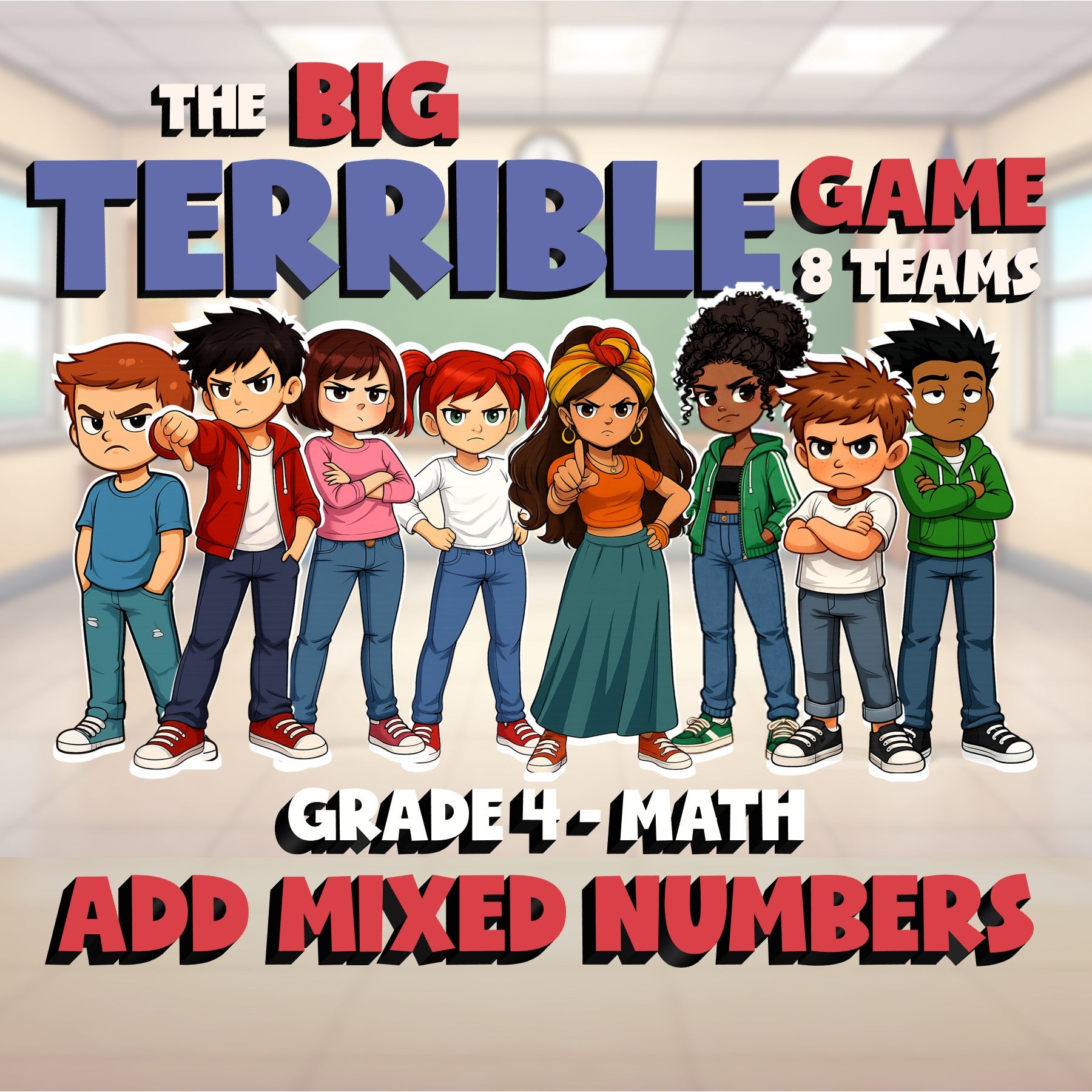 Add Mixed Numbers BIG TERRIBLE GAME - No Prep Grade 4 Math Review Activity