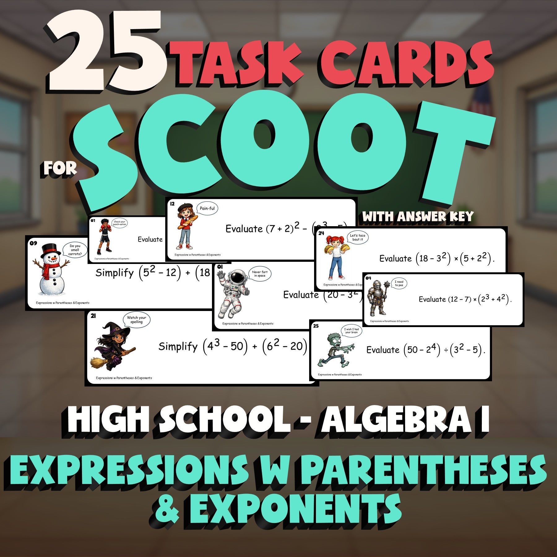 Expressions w Parentheses & Exponents SCOOT TASK CARDS Math Game - Algebra 1