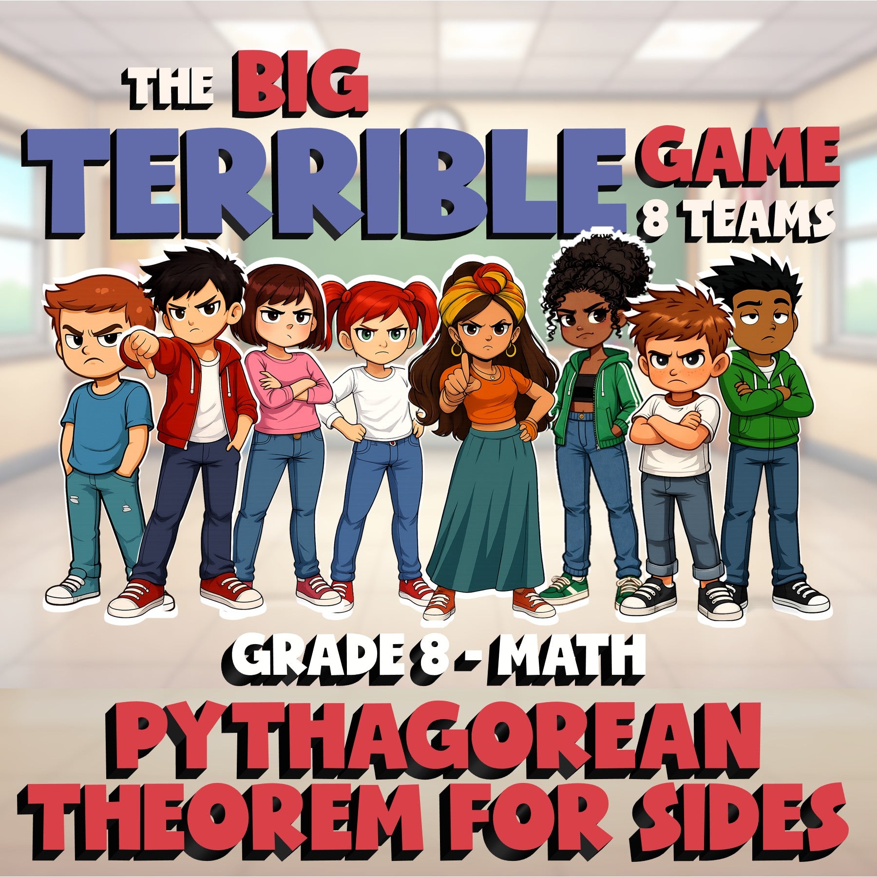 Pythagorean Theorem for Sides BIG TERRIBLE GAME - No Prep Grade 8 Math Review