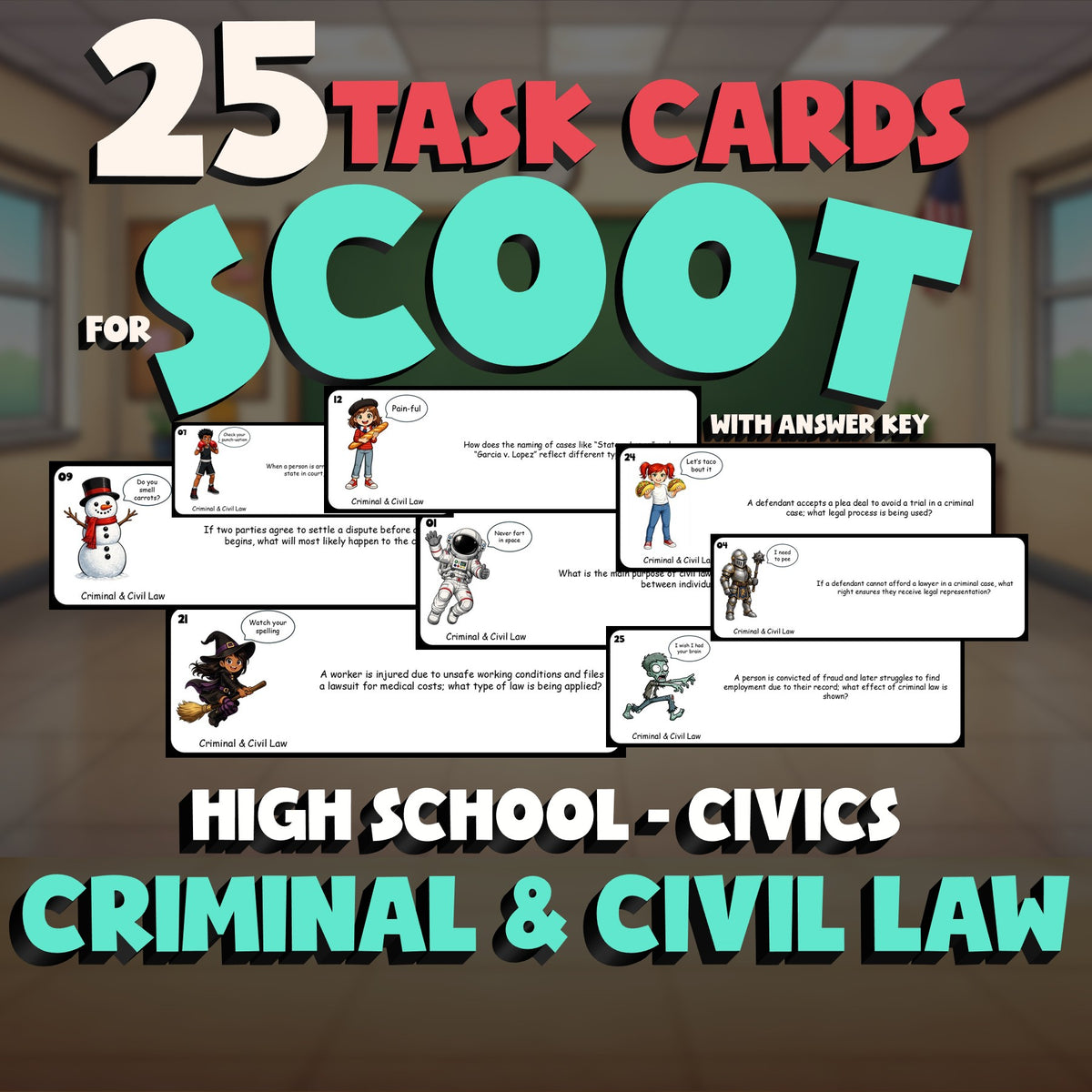 Criminal & Civil Law SCOOT TASK CARDS Civics Game - No Prep Review Activity