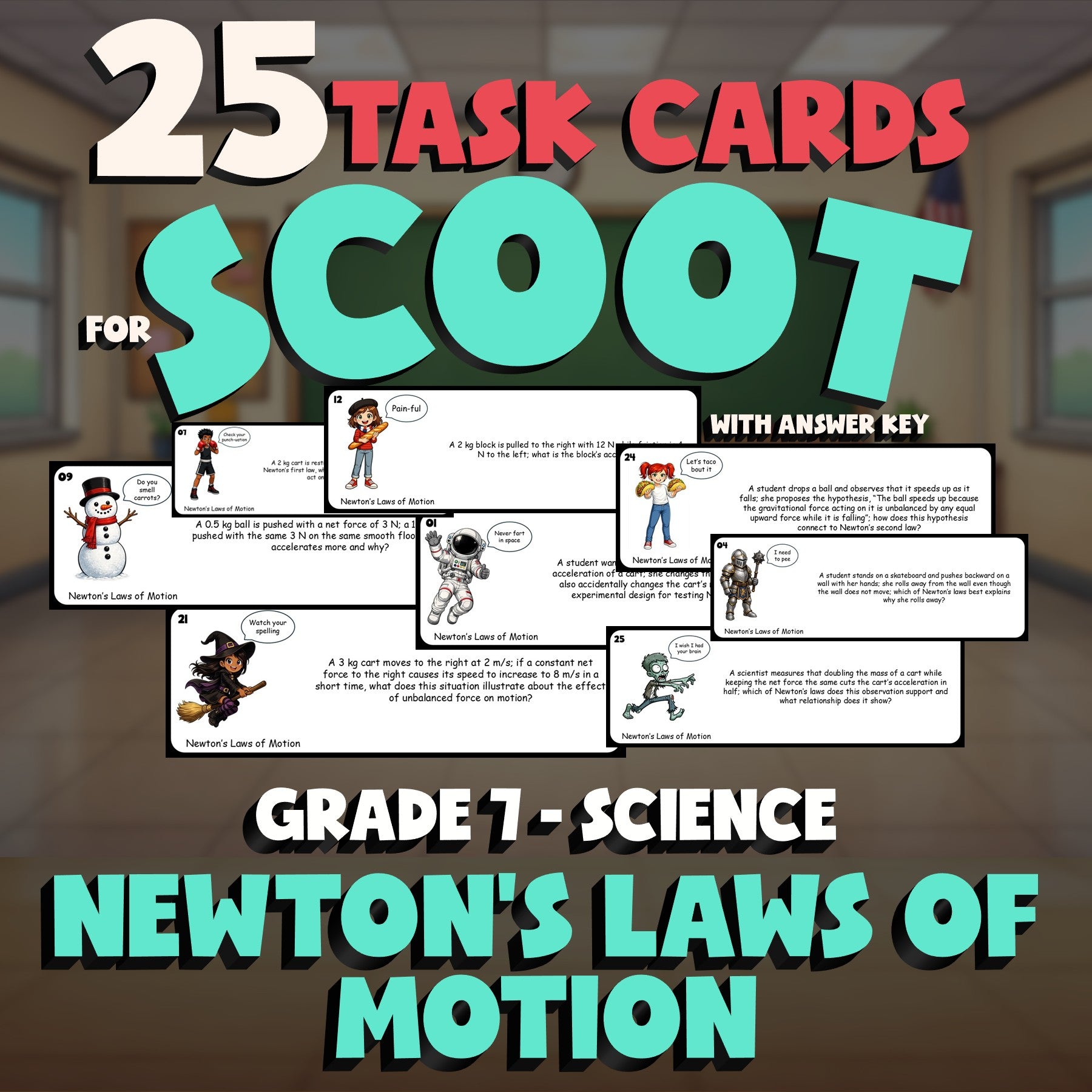 Newton’s Laws of Motion SCOOT TASK CARDS Science Game - No Prep Grade 7 Review