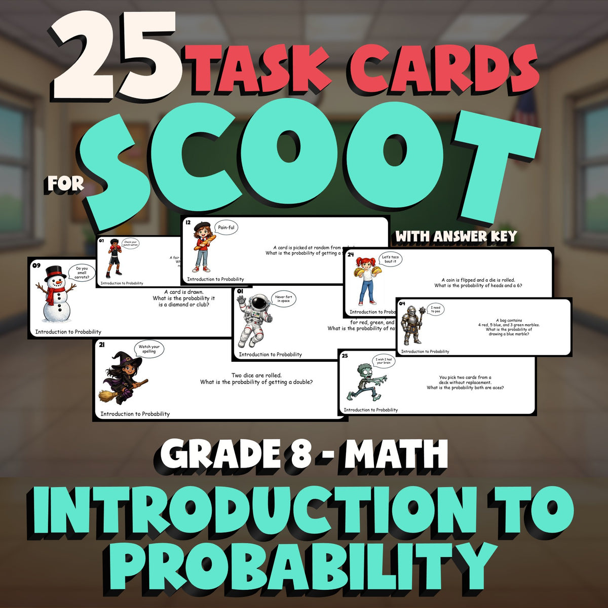 Introduction to Probability SCOOT TASK CARDS Math Game - No Prep Grade 8 Review