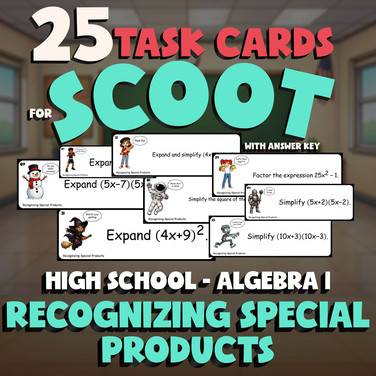 Recognizing Special Products SCOOT TASK CARDS Math Game - No Prep Algebra 1