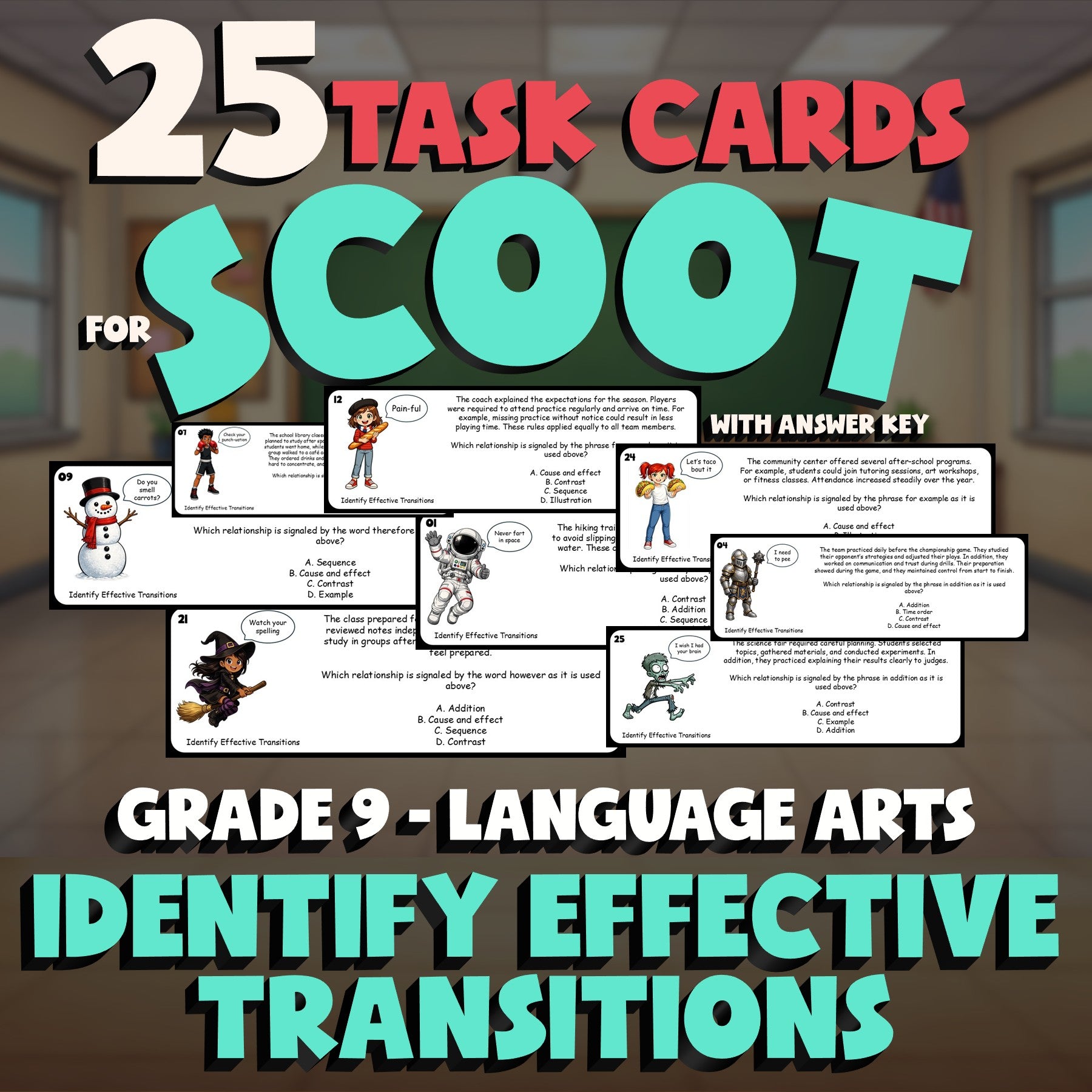 Identify Effective Transitions SCOOT TASK CARDS ELA Game - No Prep Grade 9