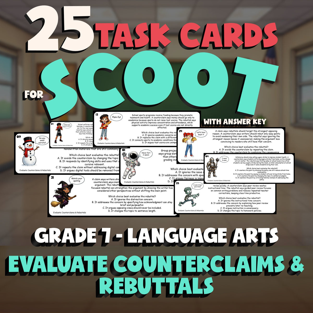 Evaluate Counterclaims & Rebuttals SCOOT TASK CARDS ELA Game - No Prep Grade 7