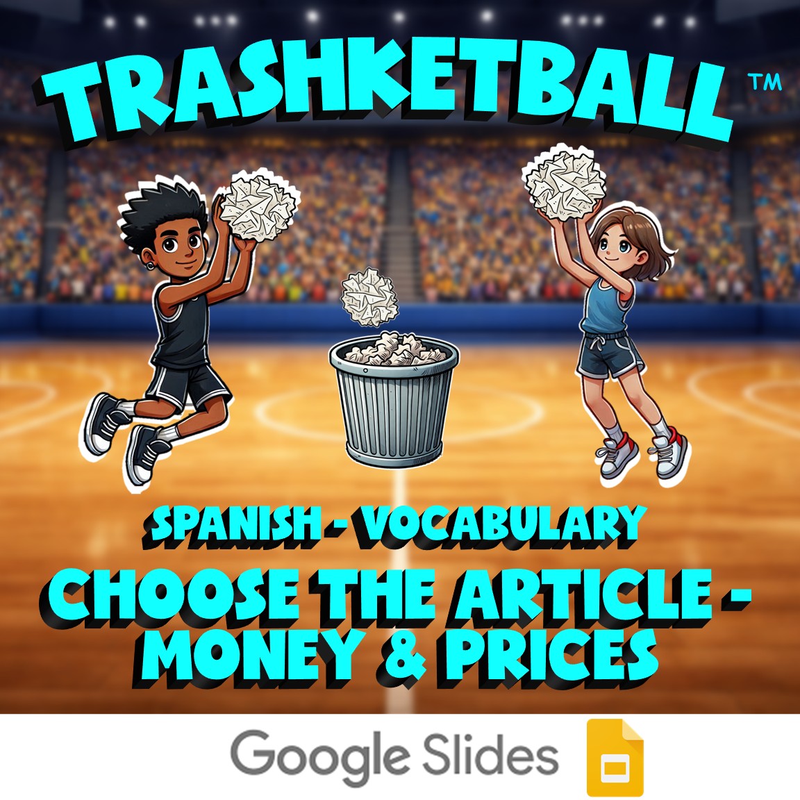 Choose The Article - Money & Prices TRASHKETBALL Spanish Game - No Prep Exercise
