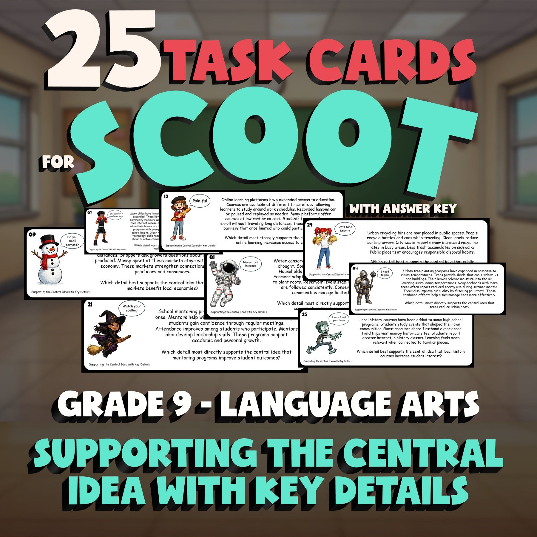 Supporting the Central Idea with Key Details SCOOT TASK CARDS ELA Game - Grade 9