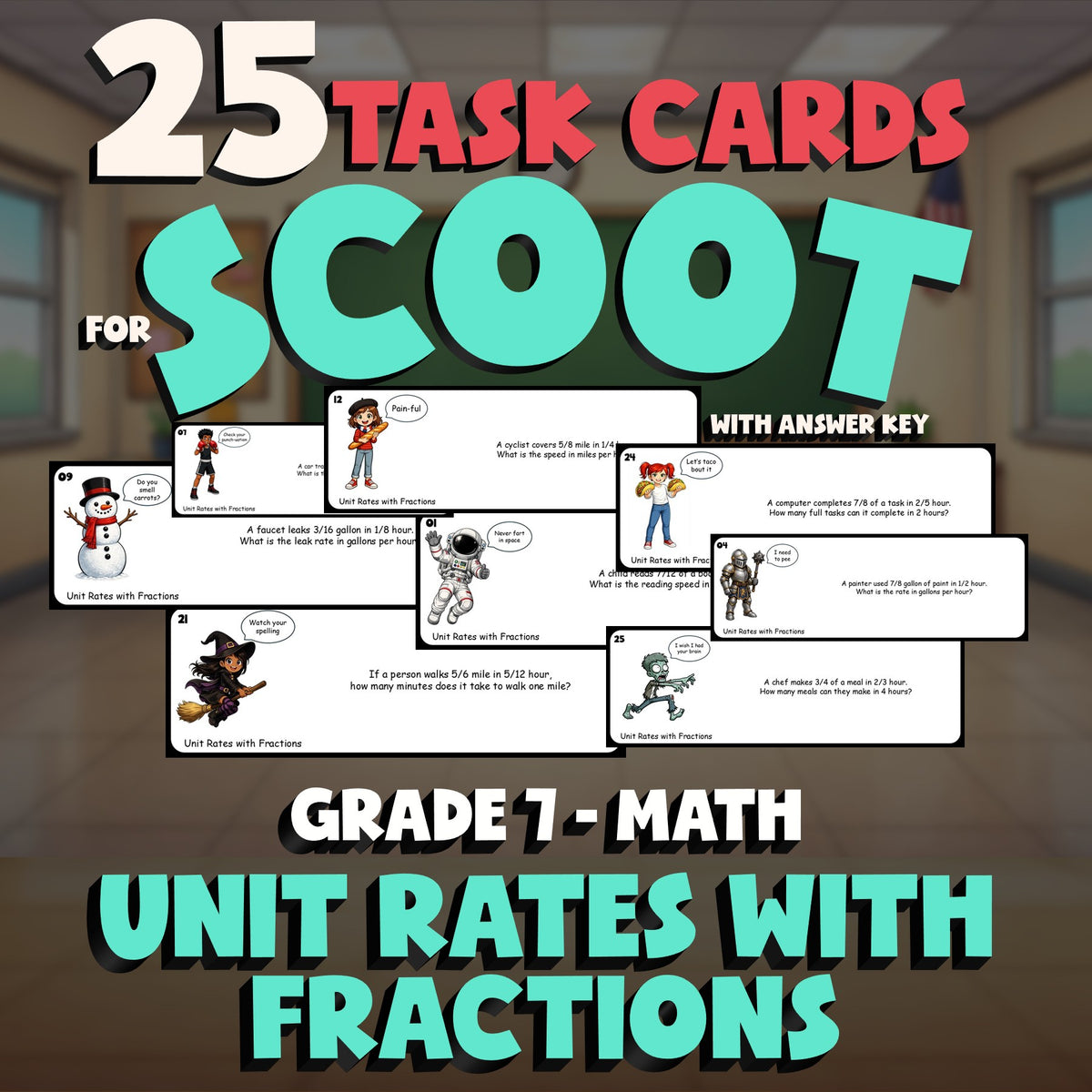 Unit Rates with Fractions SCOOT TASK CARDS Math Game - No Prep Grade 7 Review