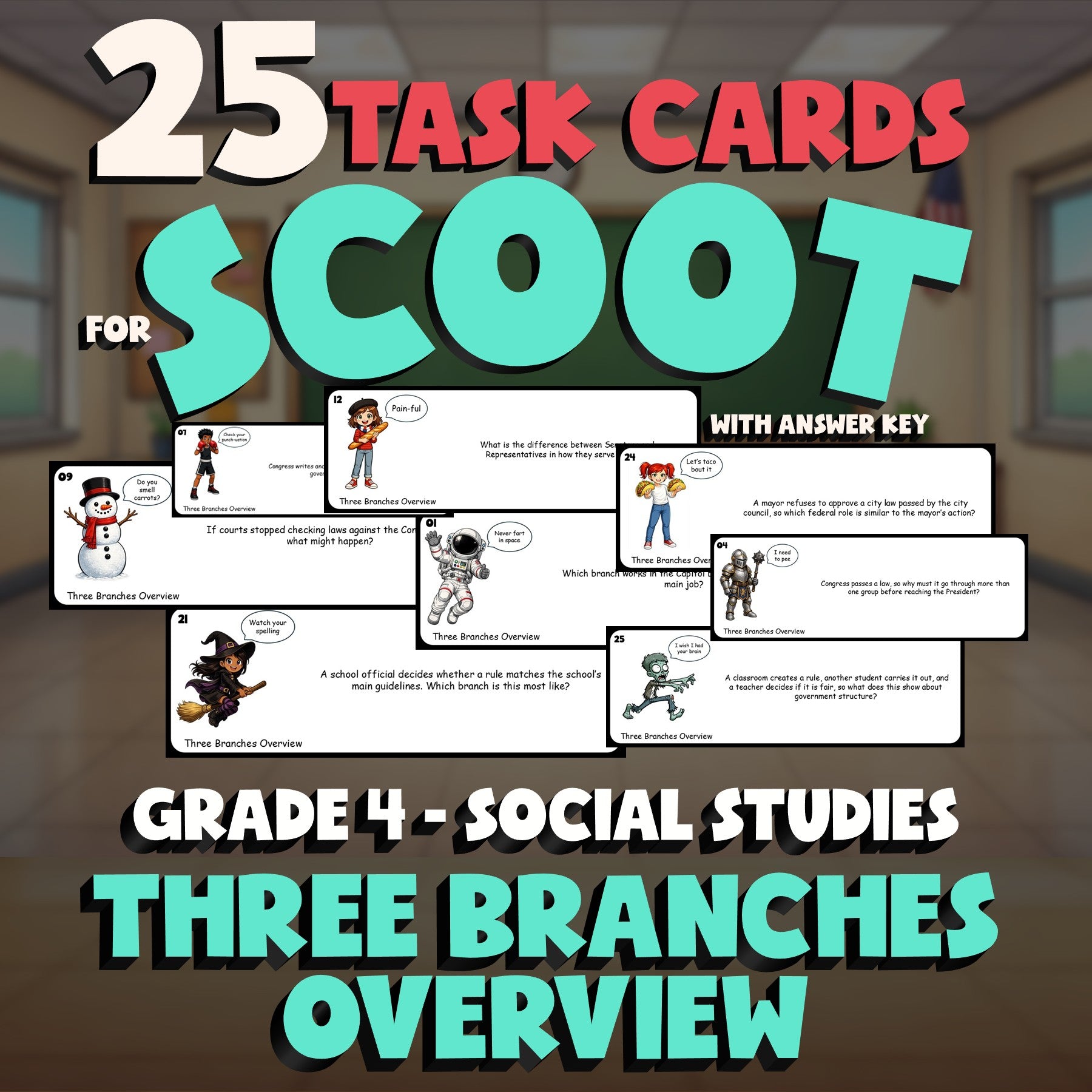Three Branches Overview SCOOT TASK CARDS Socials Game - No Prep Grade 4 Review