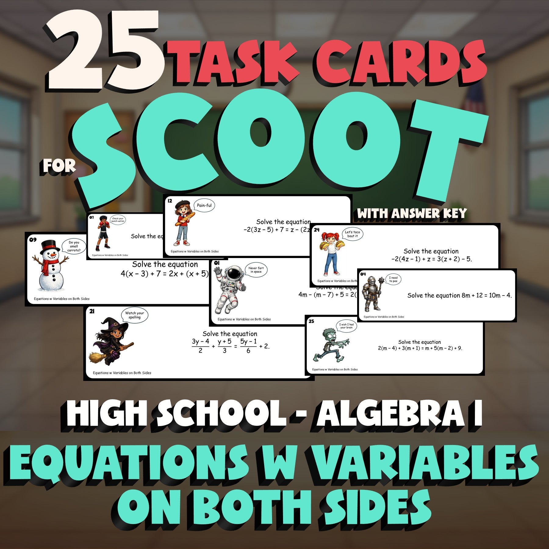 Equations w Variables on Both Sides SCOOT TASK CARDS Math Game - Algebra 1