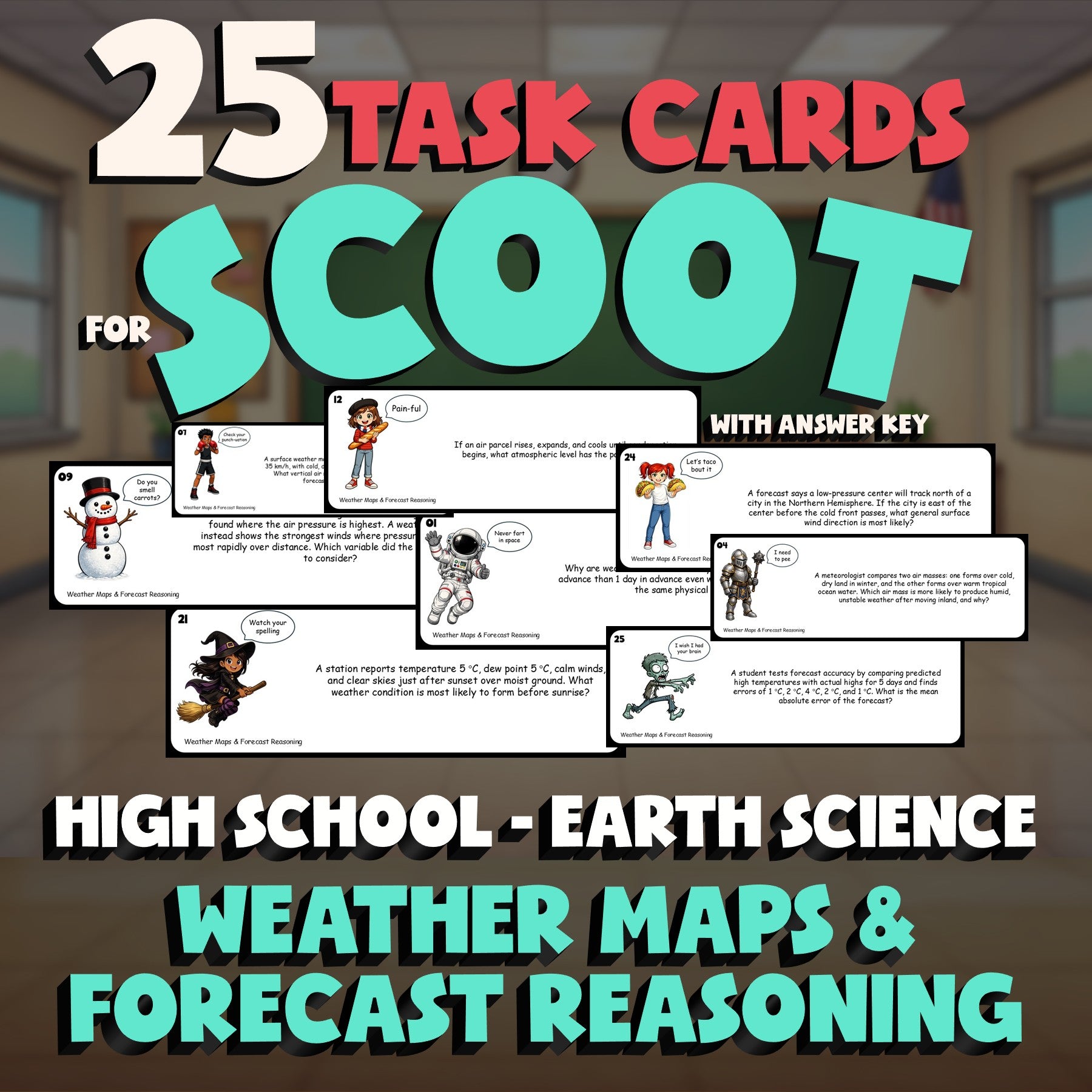 Weather Maps & Forecast Reasoning SCOOT TASK CARDS Game - No Prep Earth Science
