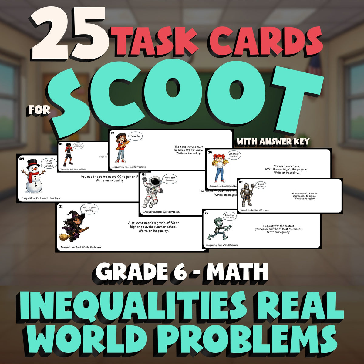 Inequalities Real World Problems SCOOT TASK CARDS Math Game - No Prep Grade 6