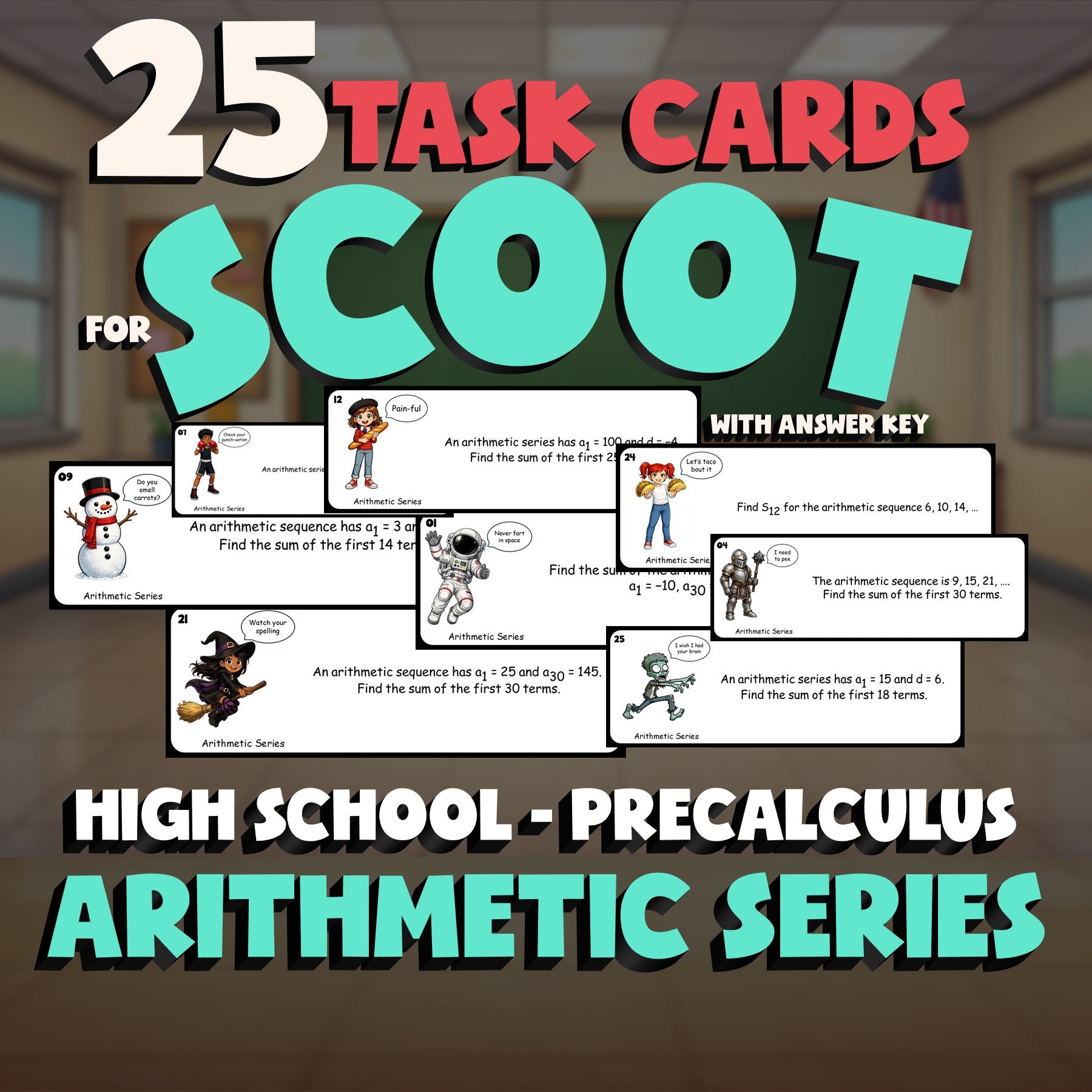 Arithmetic Series SCOOT TASK CARDS Math Game - No Prep PreCalculus Review