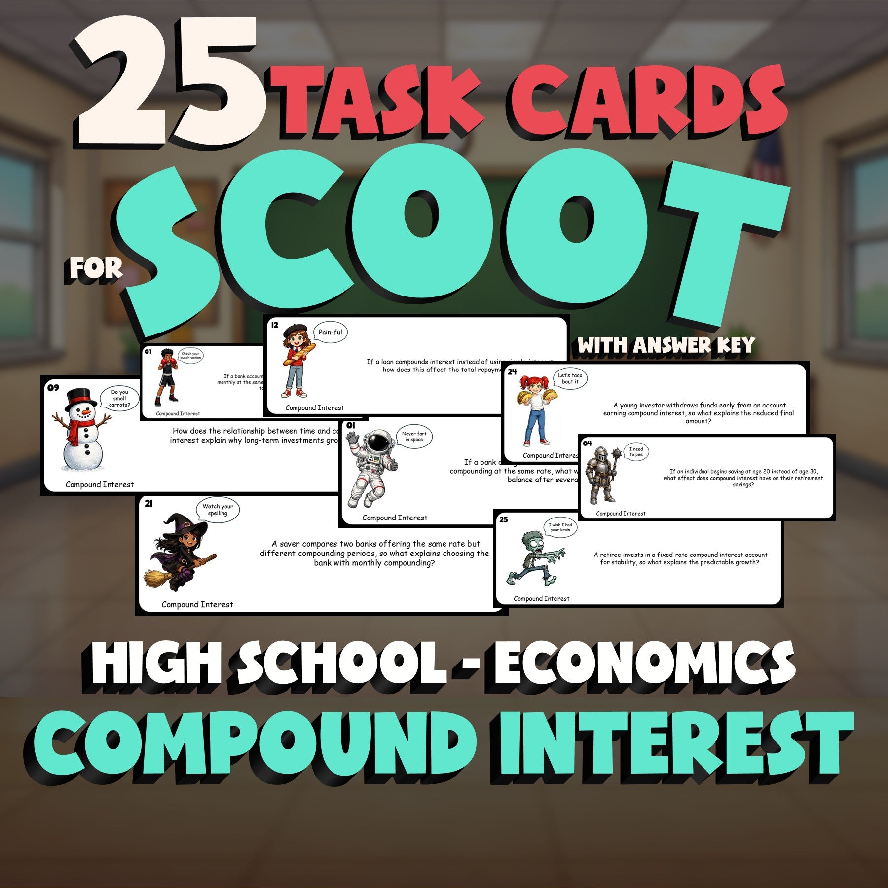 Compound Interest SCOOT TASK CARDS Economics Game - No Prep Review Activity
