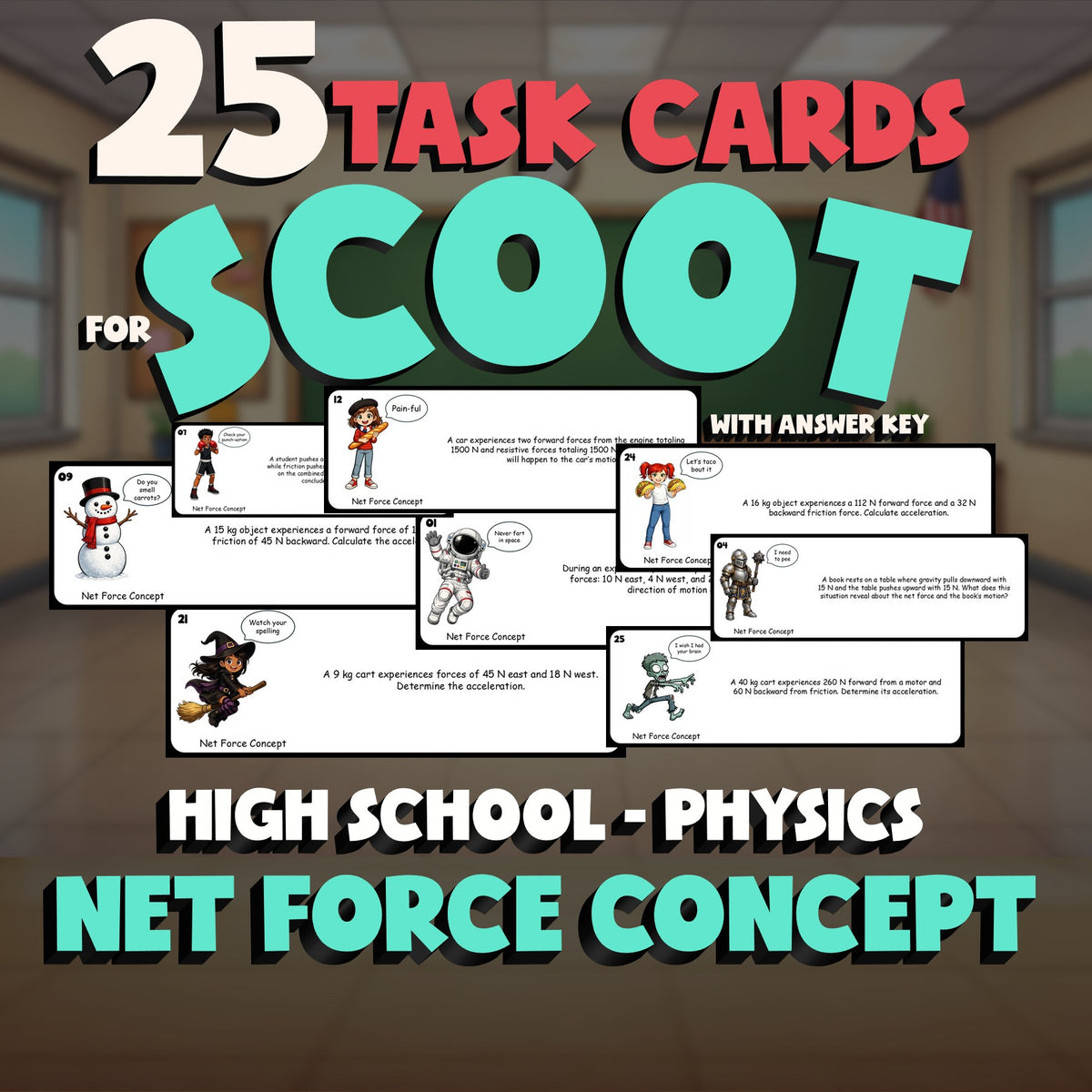 Net Force Concept SCOOT TASK CARDS Science Game - No Prep Physics Review