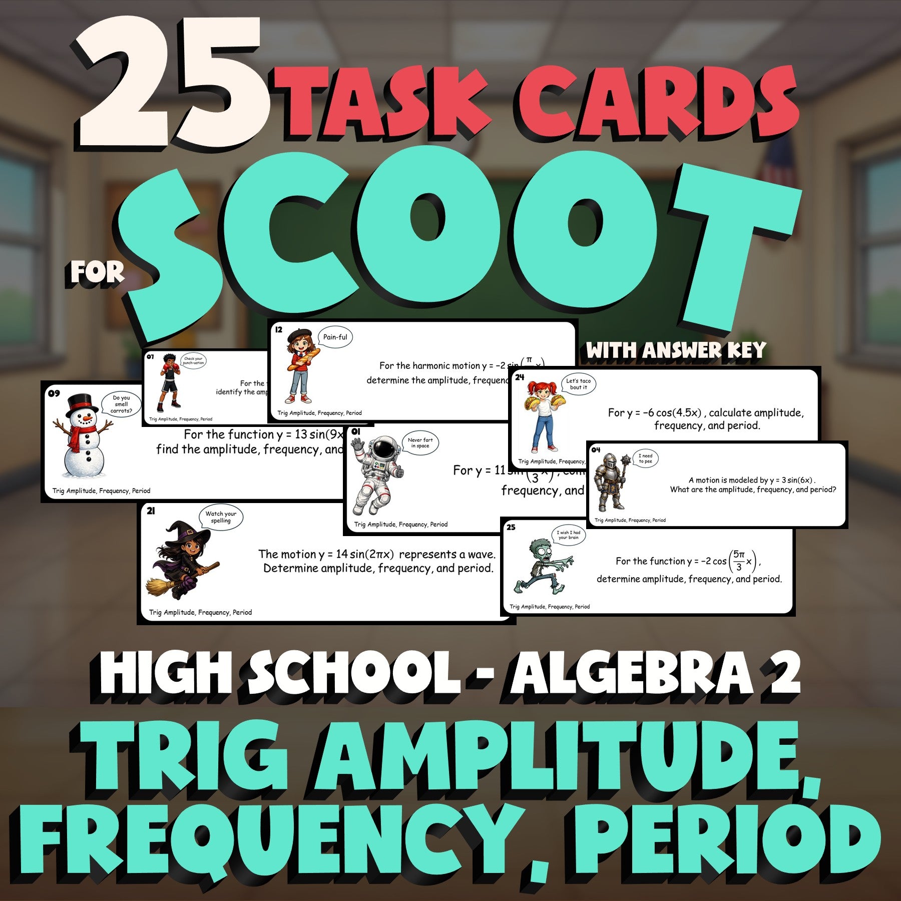 Trig Amplitude, Frequency, Period SCOOT TASK CARDS Math Game - No Prep Algebra 2