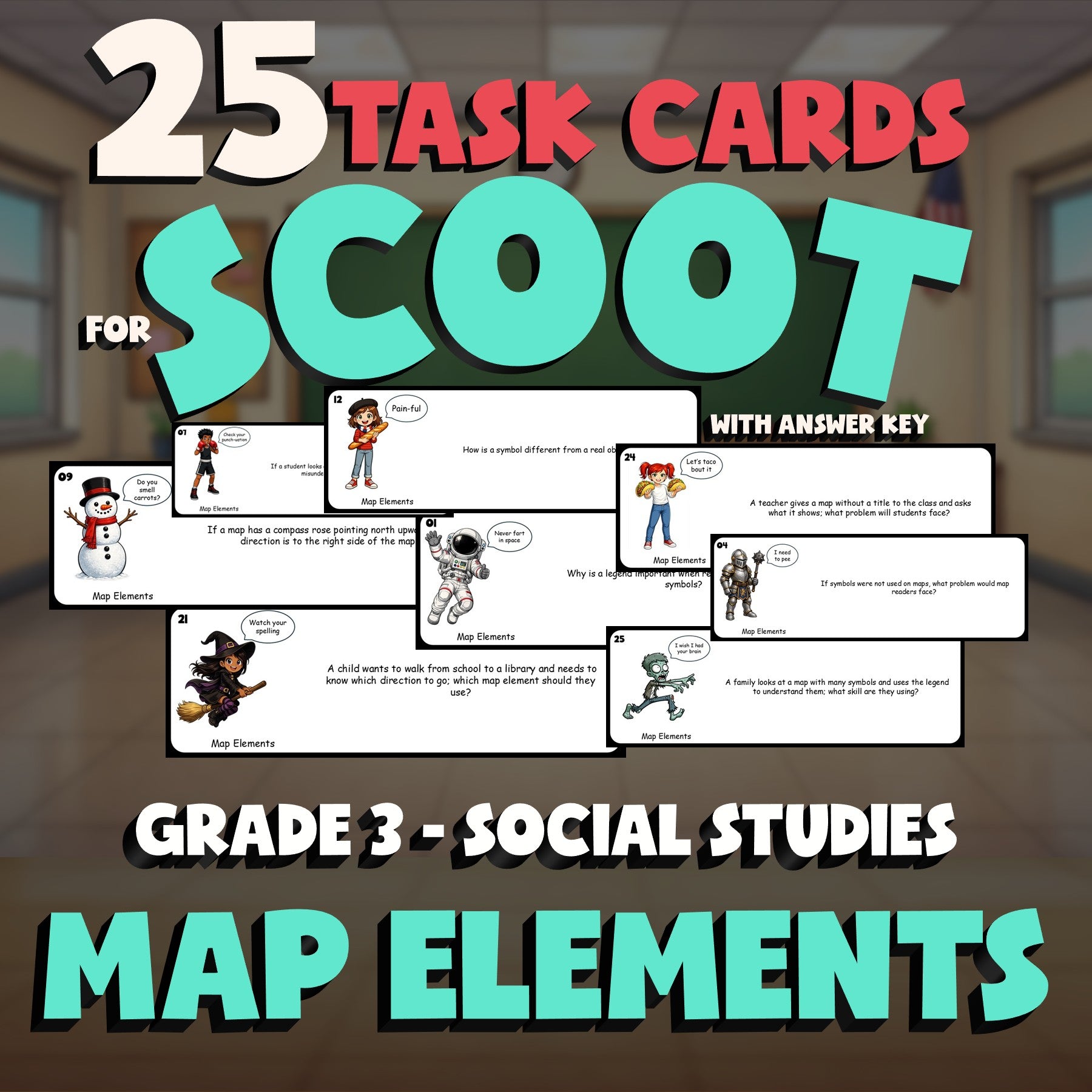 Map Elements SCOOT TASK CARDS Socials Game - No Prep Grade 3 Review Activity