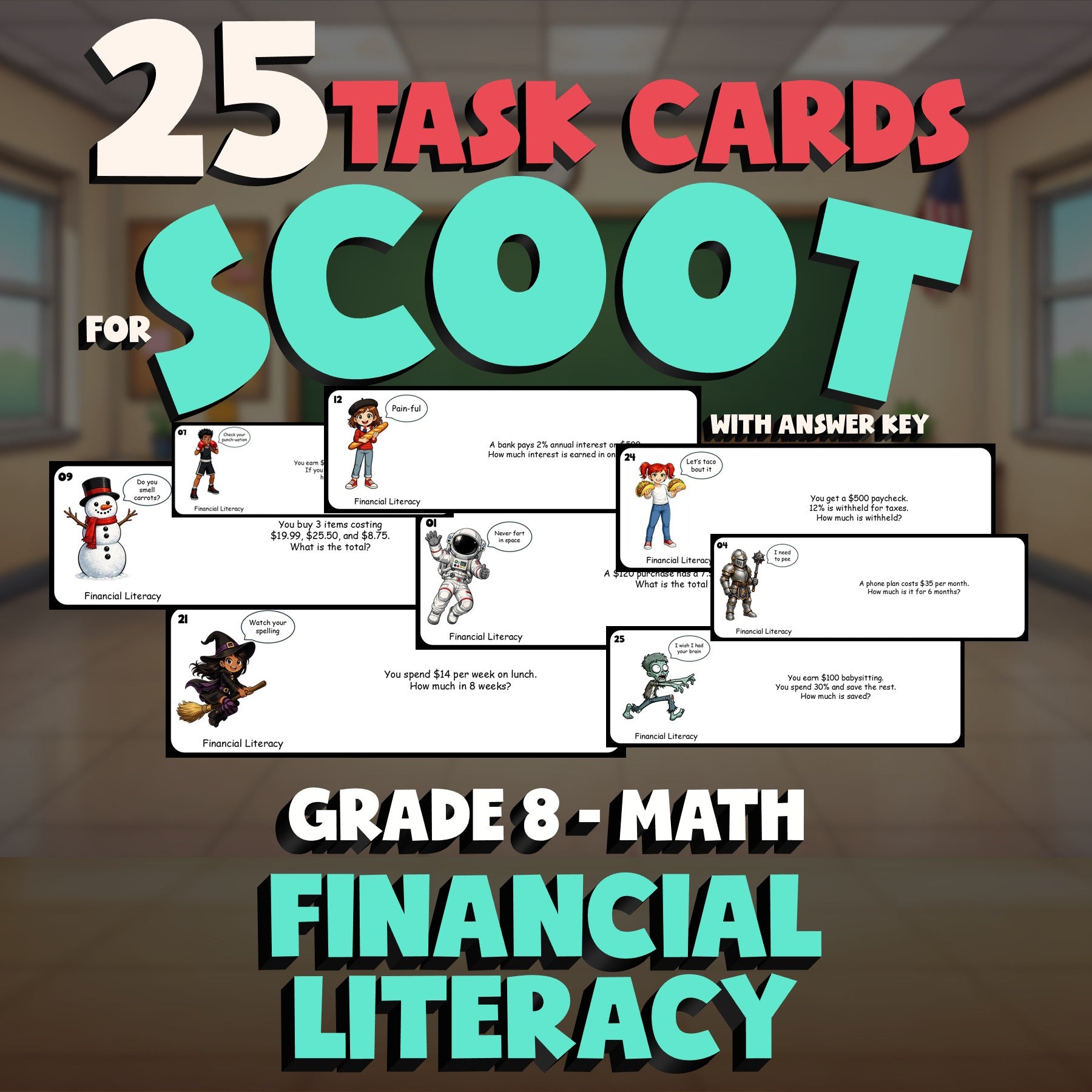 Financial Literacy SCOOT TASK CARDS Math Game - No Prep Grade 8 Review Activity