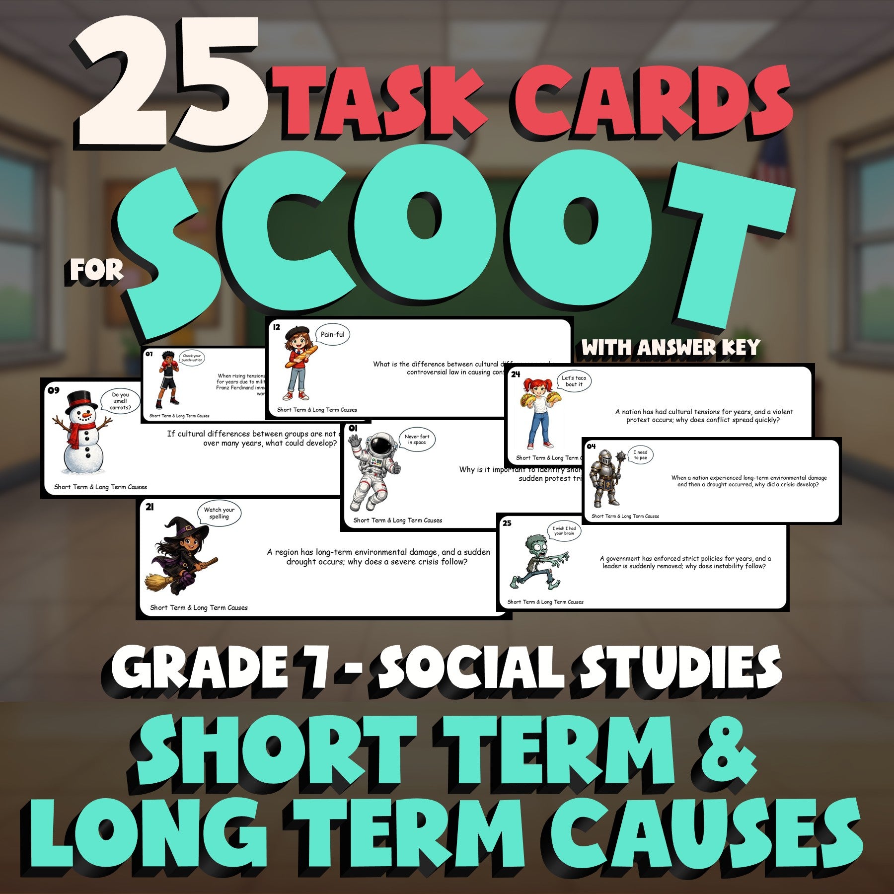 Short Term & Long Term Causes SCOOT TASK CARDS Socials Game - No Prep Grade 7