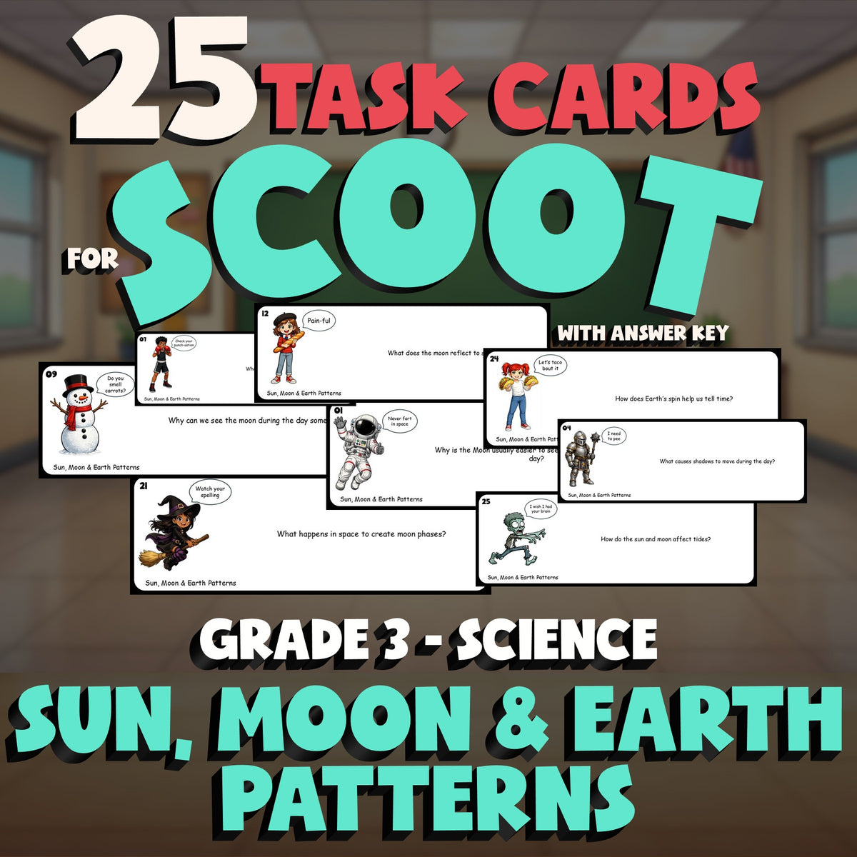 Sun, Moon & Earth Patterns SCOOT TASK CARDS Science Game - No Prep Grade 3