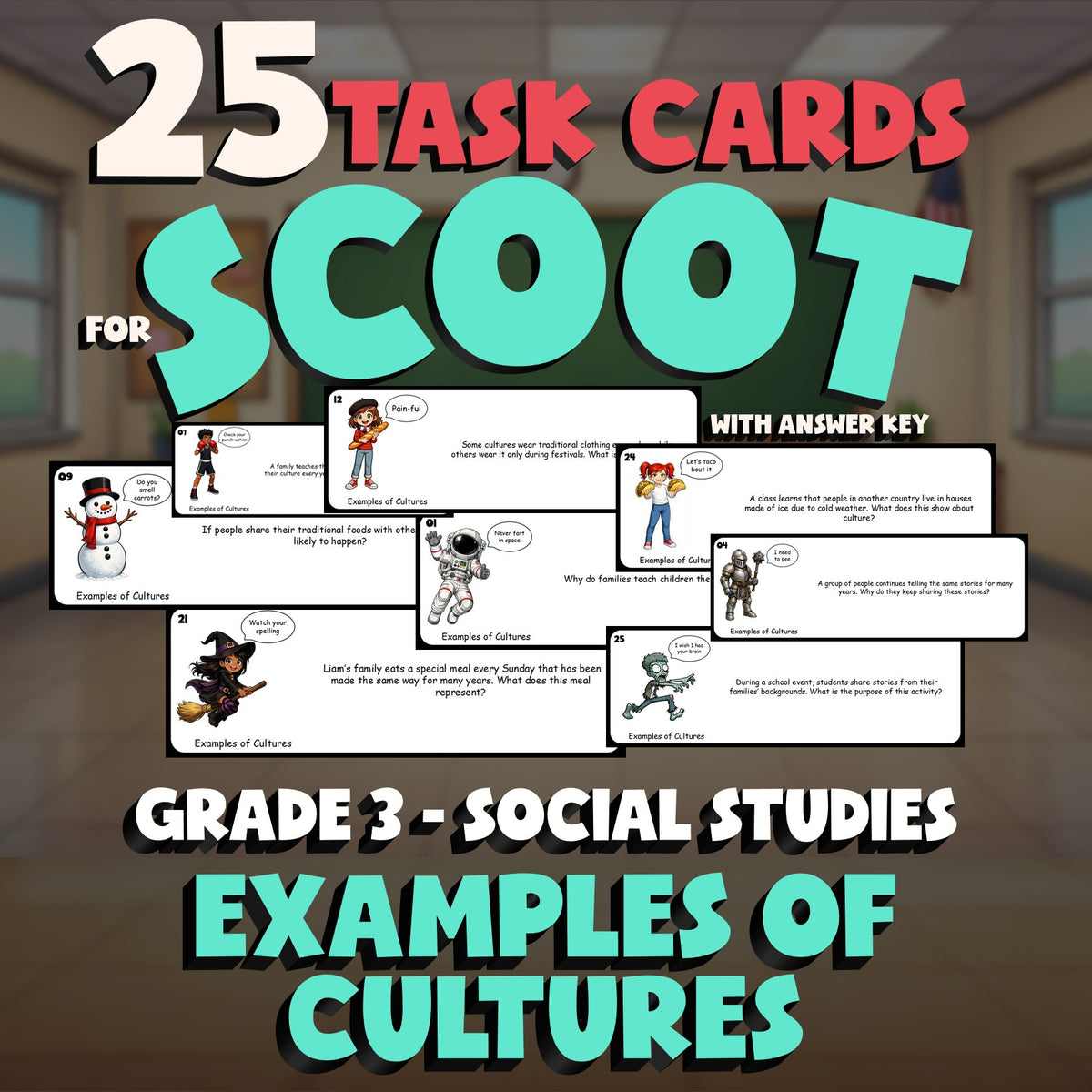 Examples of Cultures SCOOT TASK CARDS Socials Game - No Prep Grade 3 Review