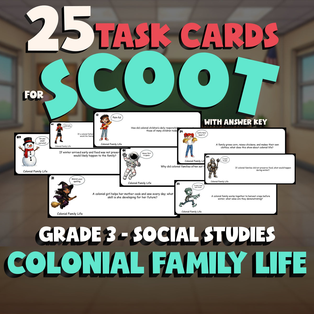 Colonial Family Life SCOOT TASK CARDS Socials Game - No Prep Grade 3 Review