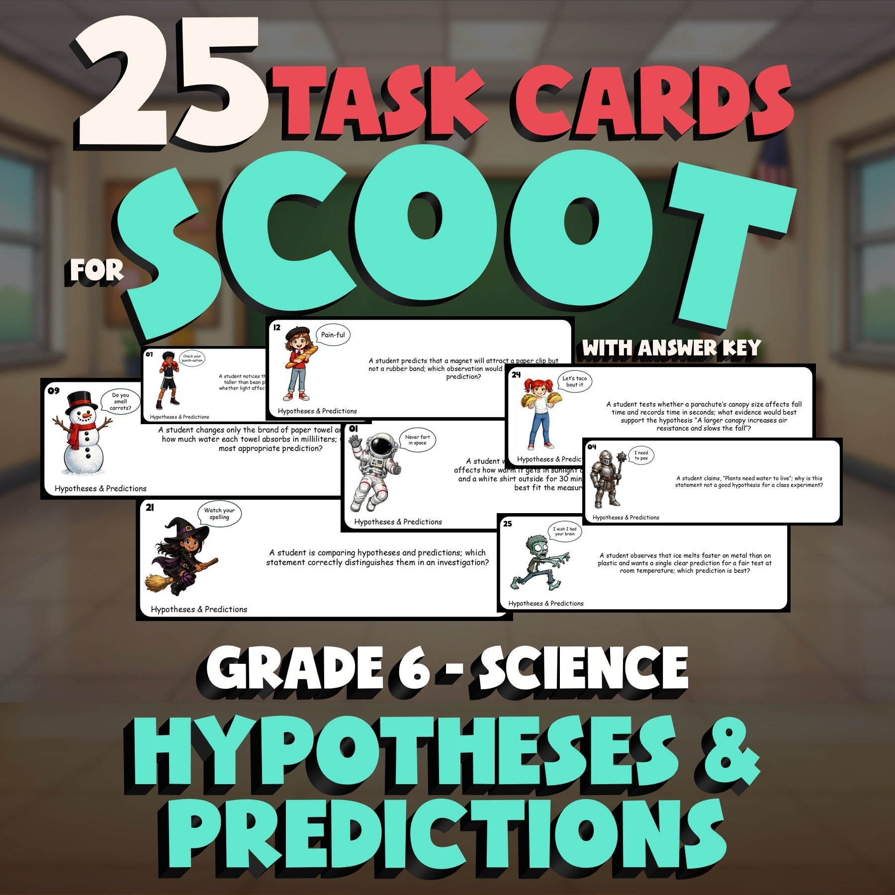 Hypotheses & Predictions SCOOT TASK CARDS Science Game - No Prep Grade 6 Review