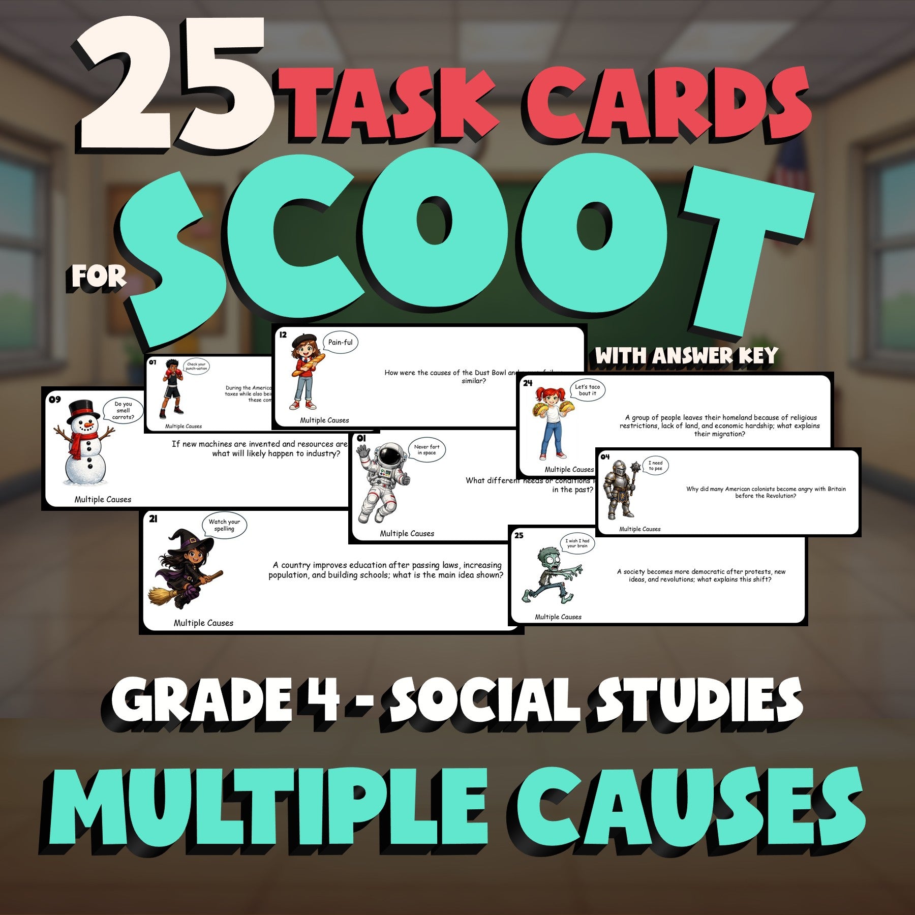Multiple Causes SCOOT TASK CARDS Socials Game - No Prep Grade 4 Review Activity
