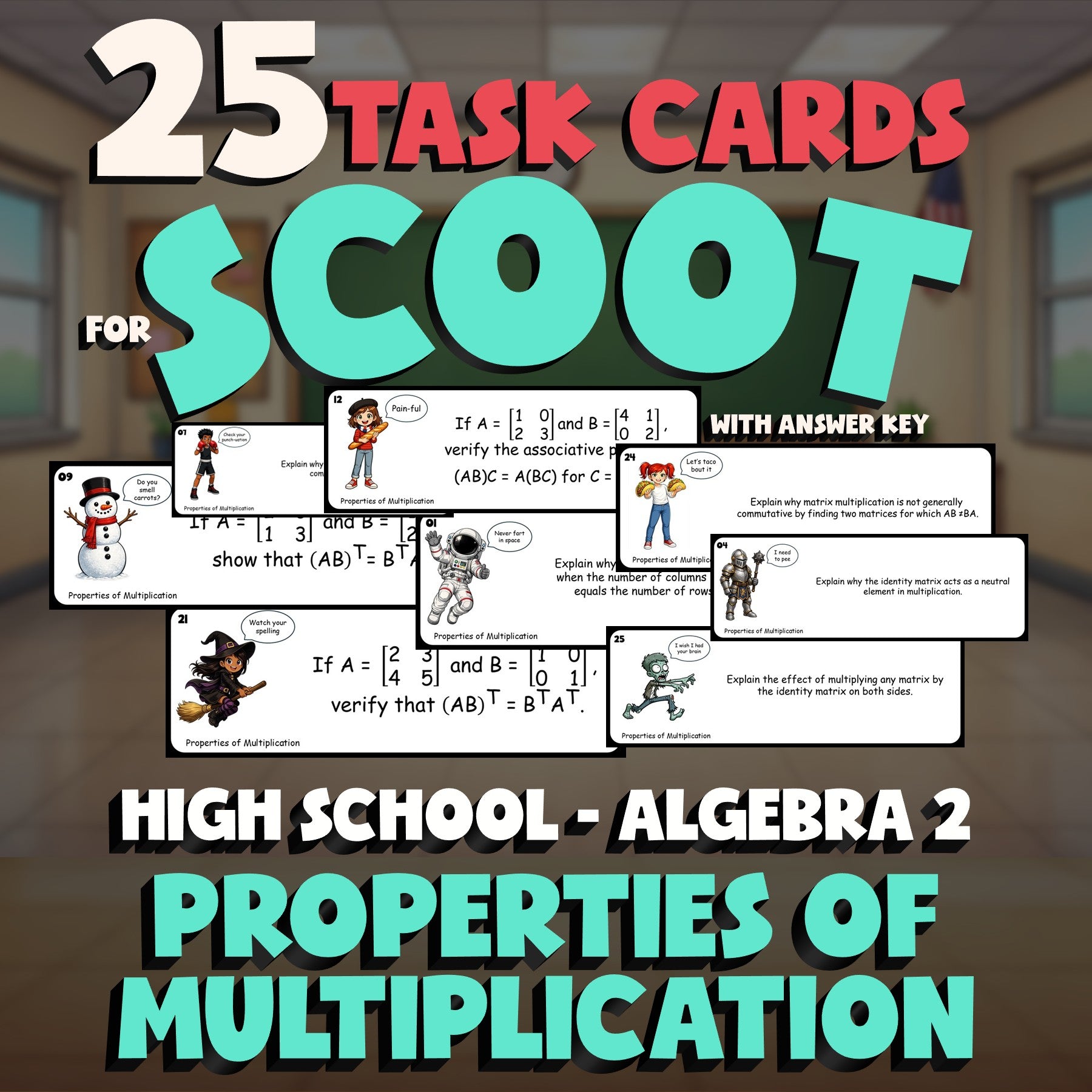 Properties of Multiplication SCOOT TASK CARDS Math Game - No Prep Algebra 2