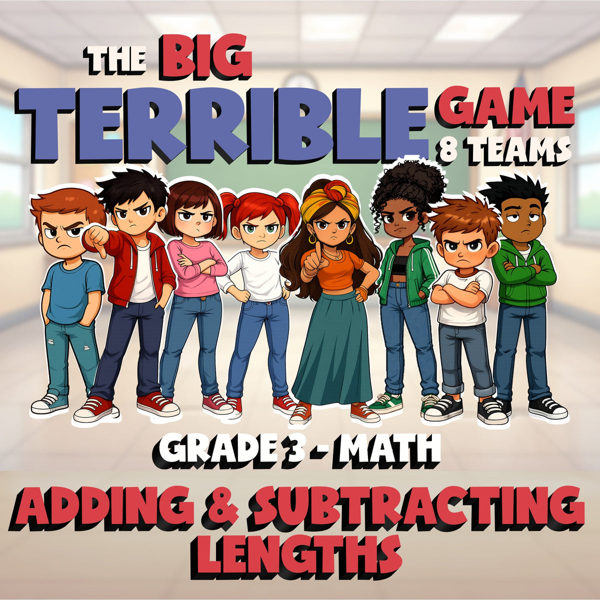 Adding & Subtracting Lengths BIG TERRIBLE GAME - No Prep Grade 3 Math Review