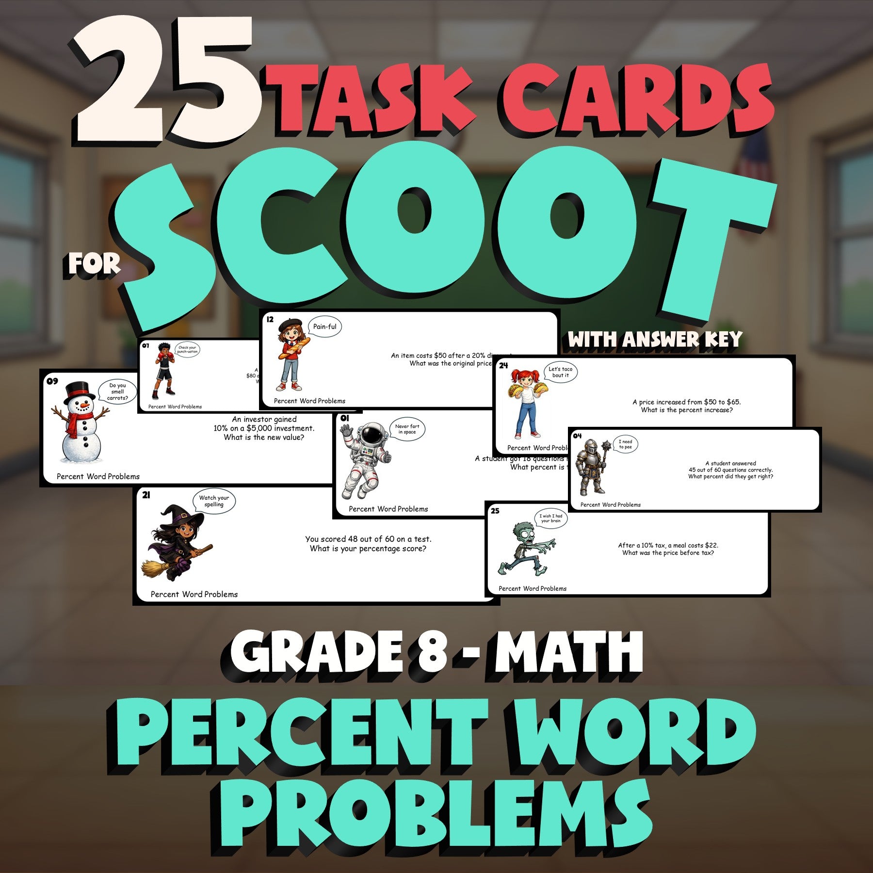 Percent Word Problems SCOOT TASK CARDS Math Game - No Prep Grade 8 Review