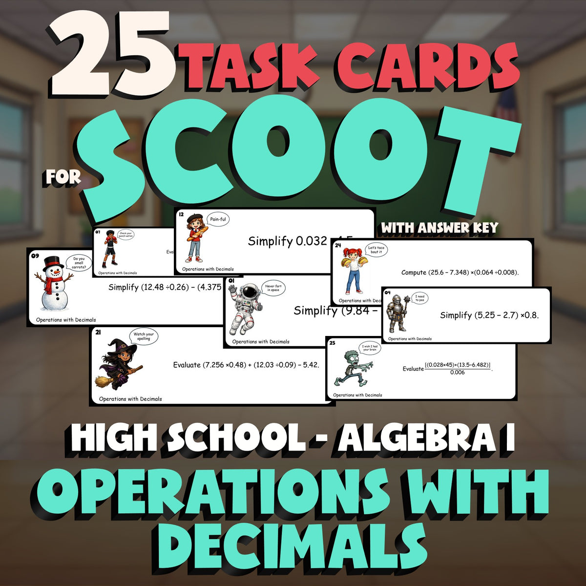 Operations with Decimals SCOOT TASK CARDS Math Game - No Prep Algebra 1 Review