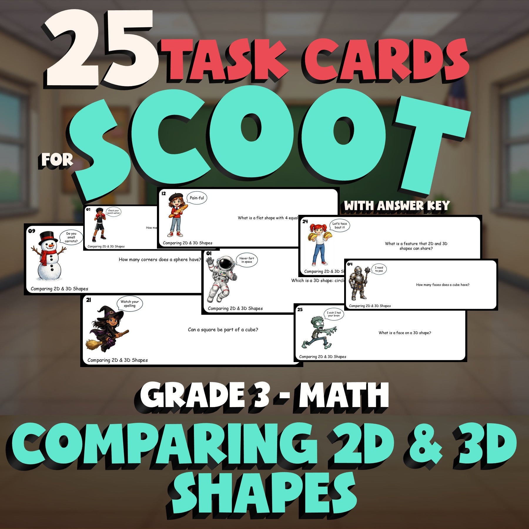 Comparing 2D & 3D Shapes SCOOT TASK CARDS Math Game - No Prep Grade 3 Review