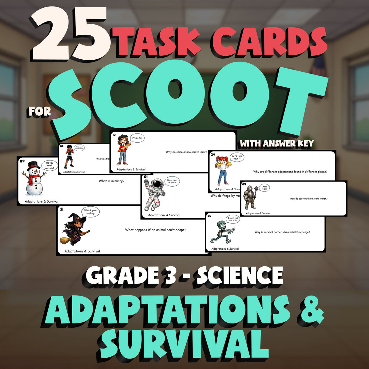 Adaptations & Survival SCOOT TASK CARDS Science Game - No Prep Grade 3 Review